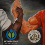 Illustration of two muscular arms, one in a white shirt and darker skin tone and the other in a red shirt with lighter skin tone, clasping hands in a strong handshake. The Wikimedia Foundation logo appears near the left arm, and the UK Supreme Court logo appears near the right arm, set against a muted background